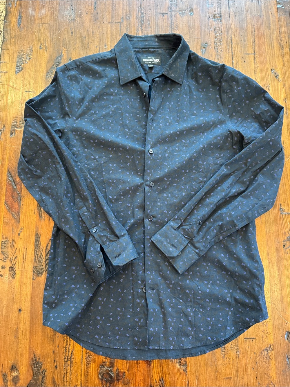 Express Men’s Black Button-Down Shirt with Subtle Blue Microprint